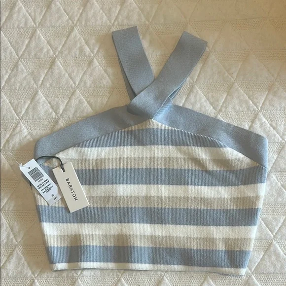 Aritzia Babaton Sculpt Knit Criss Cross Cropped Tank Birch/ Cement Blue NWT - Picture 6 of 11